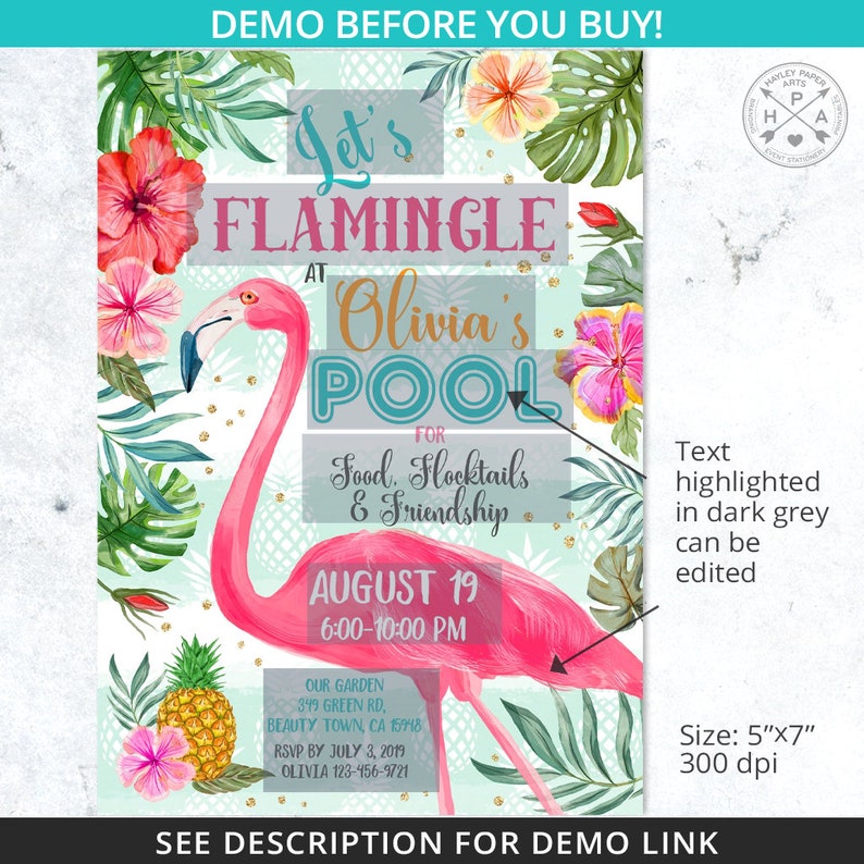 May include: Pink flamingo pool party invitation with tropical flowers and leaves. The text reads "Let's Flamingle at Olivia's Pool for Food, Flocktails & Friendship August 19 6:00-10:00 PM".