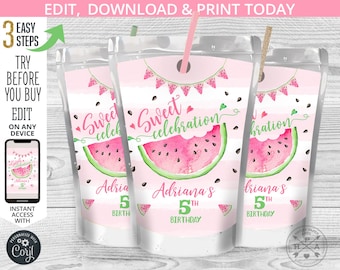 Sweet celebration juice bag label, capri juice bags, watermelon pouch, pink green box any age birthday party editable template. 053HPA 19 A
