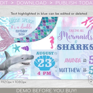 K&ouml;nnte beinhalten: Ein Meerjungfrauen-Schwanz und ein Hai mit dem Text "Splish Splash it's a double birthday bash" und "Calling all Mermaids & Sharks". Das Datum ist der 23. August um 16:00 Uhr. Amanda ist 5 Jahre alt und Matthew ist 5 Jahre alt.