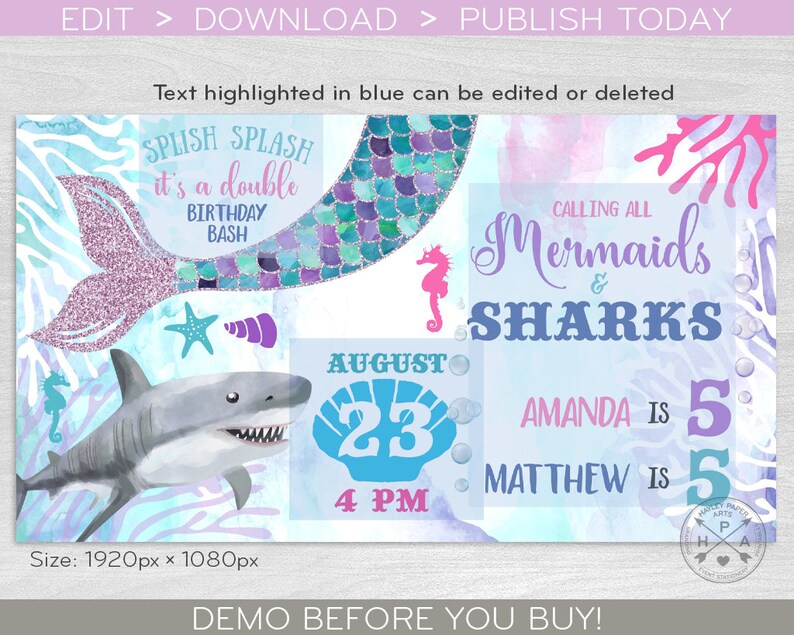 K&ouml;nnte beinhalten: Ein Meerjungfrauen-Schwanz und ein Hai mit dem Text "Splish Splash it's a double birthday bash" und "Calling all Mermaids & Sharks". Das Datum ist der 23. August um 16:00 Uhr. Amanda ist 5 Jahre alt und Matthew ist 5 Jahre alt.