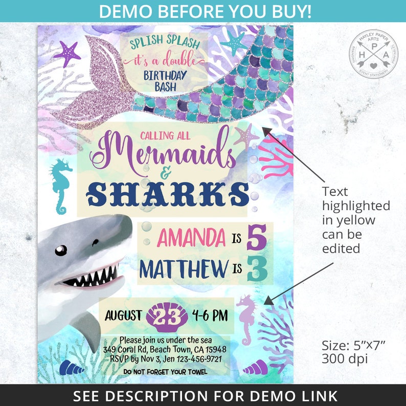 May include: A mermaid and shark themed birthday party invitation with a watercolour background. The invitation says "Splish Splash it's a double birthday bash" and "Calling all Mermaids & Sharks". The invitation also includes the names Amanda and Matthew, their ages 5 and 3, and the date 23rd August.