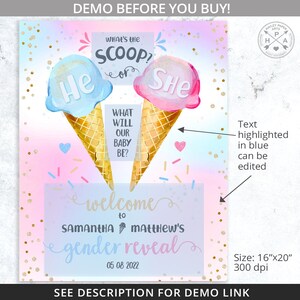 May include: A gender reveal party invitation with a pink and blue ice cream cone design. The text reads "What's the scoop?" with a blue ice cream cone labeled "He" and a pink ice cream cone labeled "She". The text also reads "What will our baby be?" and "Welcome to Samantha & Matthew's gender reveal 05 08 2022".