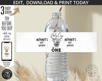 Etiqueta de botella de agua de vaca sagrada Soy UN niño, fiesta de cumpleaños de rancho de granero de granja de vaca de las tierras altas en blanco y negro. Imprimible digitalmente. 209HPA 19H