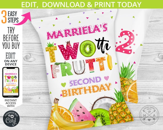 Twotti frutti snacks bag, chip treat bags, fruits bag, chips pouch, favors, second birthday party. Tutti. Editable template. 028HPA 30 A Il_570xn