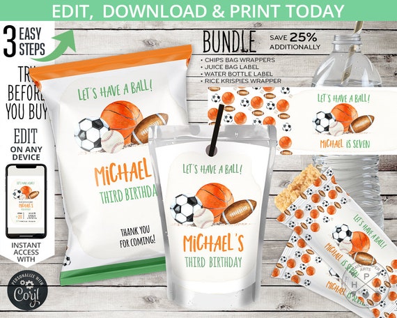 BUNDLE Let's have a ball party pack, chips bag, rice krispies, bottle labels, all stars balls sports games birthday. Editable. 204HPA 42 Il_570xn