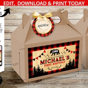 Lumberjack gift gable box labels, name tags handle favor takeway first birthday plaid flannel wild one. Selfediting template. 133HPA 28B
