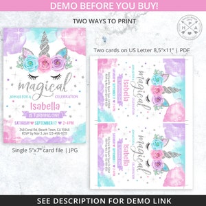 May include: A printable invitation for a first birthday party with a unicorn theme. The invitation features a silver glitter unicorn with pink and blue flowers on a watercolor background. The text on the invitation reads "magical celebration" and "Isabella is turning one".