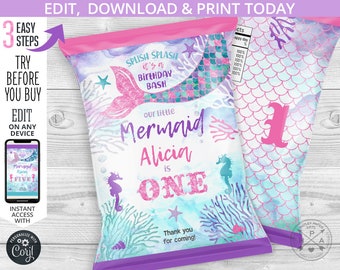 May include: A purple and pink mermaid-themed chip bag with a mermaid tail design and the text "Splish Splash it's a Birthday Bash our little Mermaid Alicia is ONE Thank you for coming!"