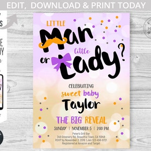 Little man or little lady gender reveal baby shower mustache ribbon orange purple script minimal invitation. Editable template. 147HPA 04