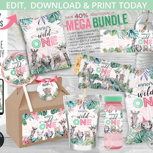 MEGA BUNDLE Jungle safari wild one birthday party pack, chips bags, juice, krispies wrappers, bottle labels. Editable printables. 125HPA 49