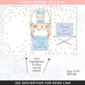 May include: A printable party sign with a dreamcatcher design and the text "She's a Wild One" and "Adriana's First Birthday". The sign also includes a separate sign with the text "Thank you for coming". The signs are on a background of gold glitter dots.