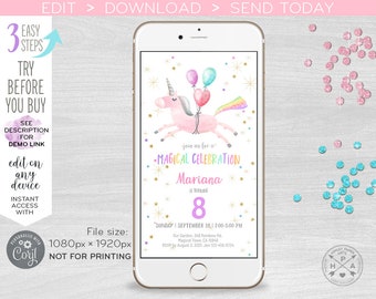 May include: A digital invitation for a magical celebration with a unicorn holding balloons. The invitation is for Mariana's 8th birthday. The invitation includes the date, time, and location of the party. The invitation is designed to be sent electronically.