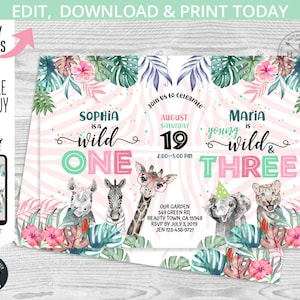 Puede incluir: Una invitaci&oacute;n de cumplea&ntilde;os de tem&aacute;tica de selva rosa y verde con fondo de estampado de cebra. La invitaci&oacute;n dice "Sophia is a wild one" y "Maria is young wild & three". Incluye una jirafa, una cebra, un rinoceronte, un elefante y un leopardo.