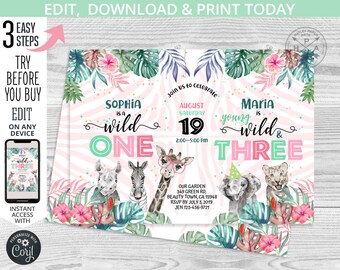 May include: A pink and green jungle-themed birthday invitation with a zebra print background. The invitation says "Sophia is a wild one" and "Maria is young wild & three". It includes a giraffe, zebra, rhino, elephant, and leopard.