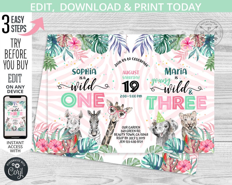 Puede incluir: Una invitaci&oacute;n de cumplea&ntilde;os de tem&aacute;tica de selva rosa y verde con fondo de estampado de cebra. La invitaci&oacute;n dice "Sophia is a wild one" y "Maria is young wild & three". Incluye una jirafa, una cebra, un rinoceronte, un elefante y un leopardo.