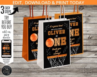 Basketball paper gift bag labels first birthday favor little rookie ONE sports party handle takeaway label. Editable design 218HPA 17 C2