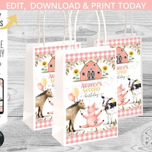 Farm birthday small paper bag gift labels. Pink barn animals cowgirl handle favor takeway. Instant access to editable template 152HPA 29
