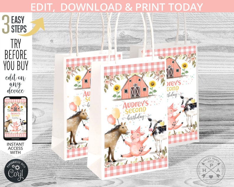 Farm birthday small paper bag gift labels. Pink barn animals cowgirl handle favor takeway. Instant access to editable template 152HPA 29 image 1