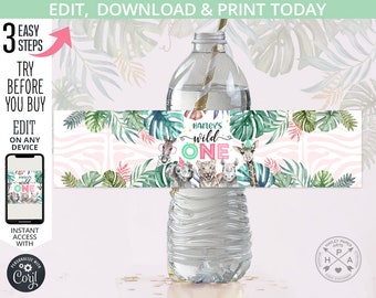 EDITABLE Safari Jungle water bottle labels wild one party animals greenery first 1st girl elephant birthday. Online template. 125HPA 12 A