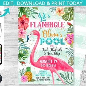 May include: A pink flamingo pool party invitation with tropical leaves, flowers, and pineapples. The text reads "Let's Flamingle at Olivia's Pool for Food, Flocktails & Friendship August 19 6:00-10:00 PM".