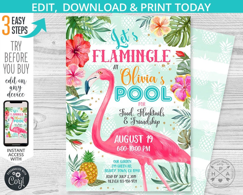 May include: A pink flamingo pool party invitation with tropical leaves, flowers, and pineapples. The text reads "Let's Flamingle at Olivia's Pool for Food, Flocktails & Friendship August 19 6:00-10:00 PM".