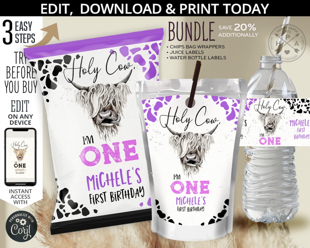 BUNDLE Holy Cow I'm ONE Highland Cow Chips Bag Wrapper Etsy