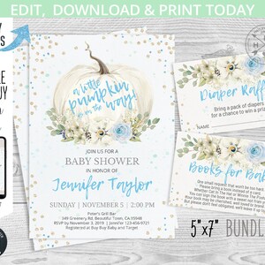 BUNDLE Little Pumpkin bleu pastel fleurs baby boy shower party invitation boho automne confettis d'automne. Accès instantané aux modèles 081HPA 02