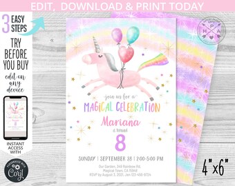 Unicorn birthday invitation magical purple 4x6 rainbow pastel girl flying balloons magic party invitations. Editable template. 190HPA 06
