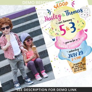 Ice cream birthday here's the scoop invitation joint siblings boy girl sister brother party icecream invitations Editable template 118HPA 04 image 5