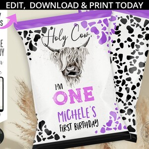 Holy cow I'm ONE chips bag, highland cow favor bags, pouch wrapper, farm ranch barn first birthday party. Editable printable. 209HPA 30 F