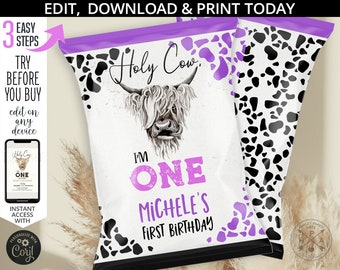 Holy cow I'm ONE chips bag, highland cow favor bags, pouch wrapper, farm ranch barn first birthday party. Editable printable. 209HPA 30 F