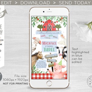 May include: A digital invitation for a farm-themed birthday party. The invitation features a red barn, a pig, a horse, a cow, and a sheep. The text on the invitation reads "Calling all party animals!" and "Michael is turning three." The date and time of the party are also included. The invitation is designed to be edited and sent digitally.