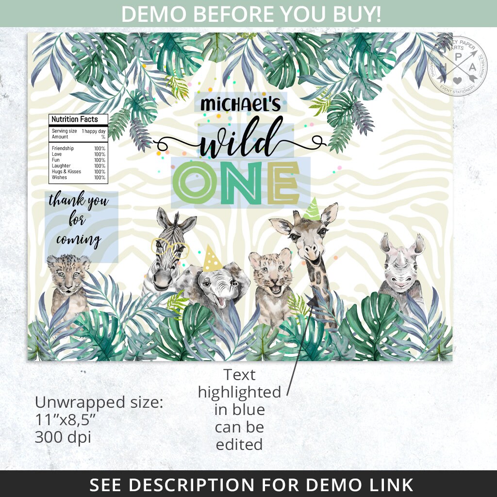 BUNDLE Safari Jungle Wild One Chips Bag, Juice Bags, Water Bottle ...