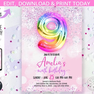 May include: A pink and white glitter background with a rainbow balloon shaped like the number nine. The text "Amelia's ninth birthday" is written in pink and purple. The invitation includes the date, time, and location of the party.