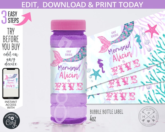 Mermaid bubble bottle label under the sea celebration birthday pink glitter girl party. Instant access to editable template. 060HPA 27 B Il_570xn