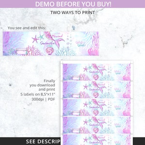 Op de afbeelding: Vijf afdrukbare waterfleslabels met een zeemeermin op een roze, blauwe en paarse aquarel achtergrond. De labels bevatten de tekst "My Little Mermaid Samantha is Turning One" en "Splish Splash".