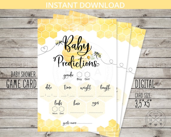 Bee baby predictions game gender reveal baby shower game card printable bumble bee hive honey comb. Instant download NOT EDITABLE. 049HPA 21