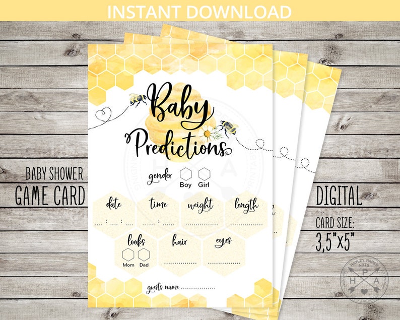 May include: A printable baby shower game card featuring a honeycomb pattern and a bee illustration. The card is titled "Baby Predictions" and provides spaces for guests to guess the baby's gender, date, time, weight, length, looks, hair, and eyes. The card size is 3.5" x 5".
