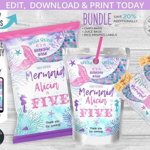 BUNDLE Mermaid chips bag, juice bag labels, rice krispies wrappers, snacks treat, chips pouch, any age birthday. Editable template 060HPA 53