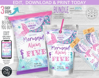 May include: Printable mermaid-themed party favor bags for a 5th birthday. The bags are decorated with a pink mermaid tail, blue and green scales, and the text "Splish Splash It's a Birthday Bash Our Little Mermaid Alicia is Five".