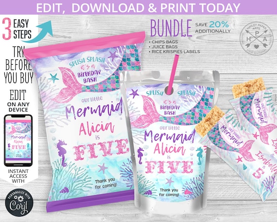 BUNDLE Mermaid chips bag, juice bag labels, rice krispies wrappers, snacks treat, chips pouch, any age birthday. Editable template 060HPA 53 Il_570xn