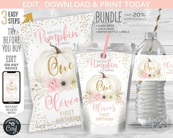May include: A printable set of party favor labels featuring a watercolor pumpkin with gold glitter accents. The labels say "Our Little Pumpkin is Turning One" and "Olivia's First Birthday".