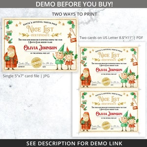 May include: Printable Christmas certificate with a gold glitter background. The certificate is for a child named Olivia Johnson and states that she is on the official nice list. The certificate features illustrations of Santa Claus, elves, and a gingerbread man.