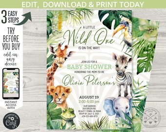May include: A baby shower invitation with a jungle theme. The invitation features a green, white, and black zebra, a giraffe, a lion, a frog, and an elephant. The text on the invitation reads "A Little Wild One is on the way!" and "Join us for a Baby Shower honoring the mom-to-be Olivia Peterson's".