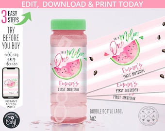 Bubble bottle label melon girl one first birthday one in watermelon party favor labels. Instant access to the editable template. 050HPA 29 A