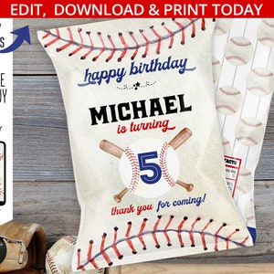 Baseball Chips Tasche Gastgeschenk, Chip Beutel, Behälter für Partysnacks, Rookie Sport Spiel Ball Geburtstag. Bearbeitbares Design. 191HPA 30 A