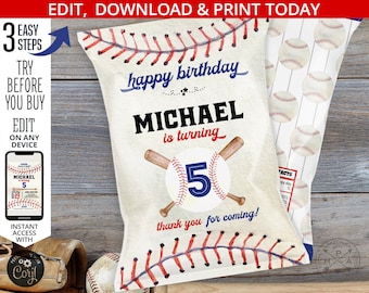 Baseball chips bag party favor, chip pouch, container for party snacks, rookie sports game ball birthday. Editable design. 191HPA 30 A