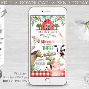 May include: A digital invitation for a farm-themed birthday party. The invitation features a red barn, a pig, a cow, a horse, a goose, and a sheep. The text on the invitation reads "Calling all party animals! Oink, baa, moo, cluck. Michael is turning three. August 15, 2-5 pm."