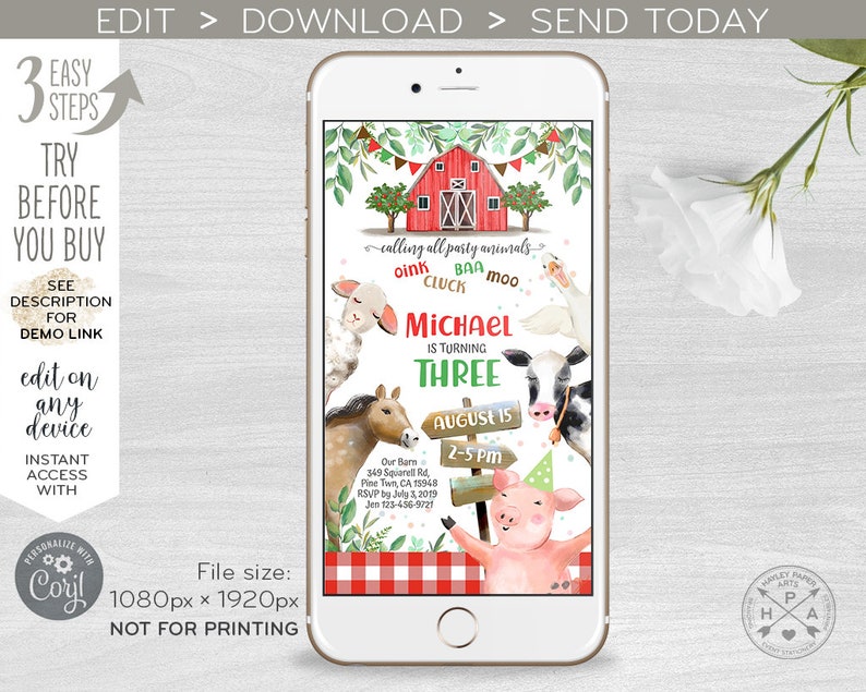 May include: A digital invitation for a farm-themed birthday party. The invitation features a red barn, a pig, a cow, a horse, a goose, and a sheep. The text on the invitation reads "Calling all party animals! Oink, baa, moo, cluck. Michael is turning three. August 15, 2-5 pm."