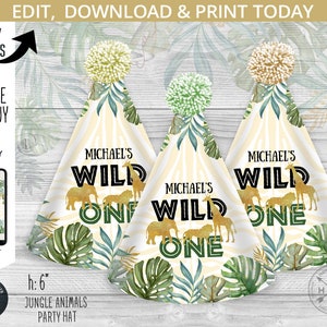 Jungle party hat template safari animals wild one first birthday celebration party DIY supplies. Editable personalized template. 040HPA 58 A